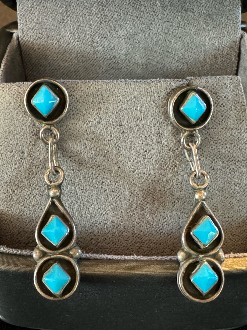 Vintage Sterling Turquoise Inlay Drop Earrings Southwestern Geometric Dangles